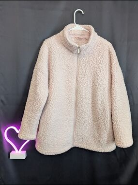 La Vie En Rose Light Pink Fuzzy Warm Comfy Loungewear Teddy Zip-Up Jacket